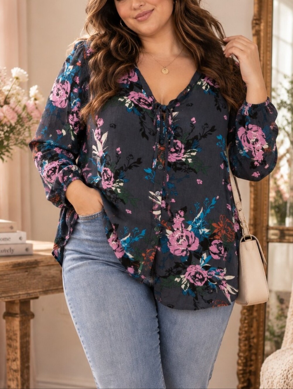 Torrid Floral Tie Front Blouse Women's 1X Rayon Long Sleeve